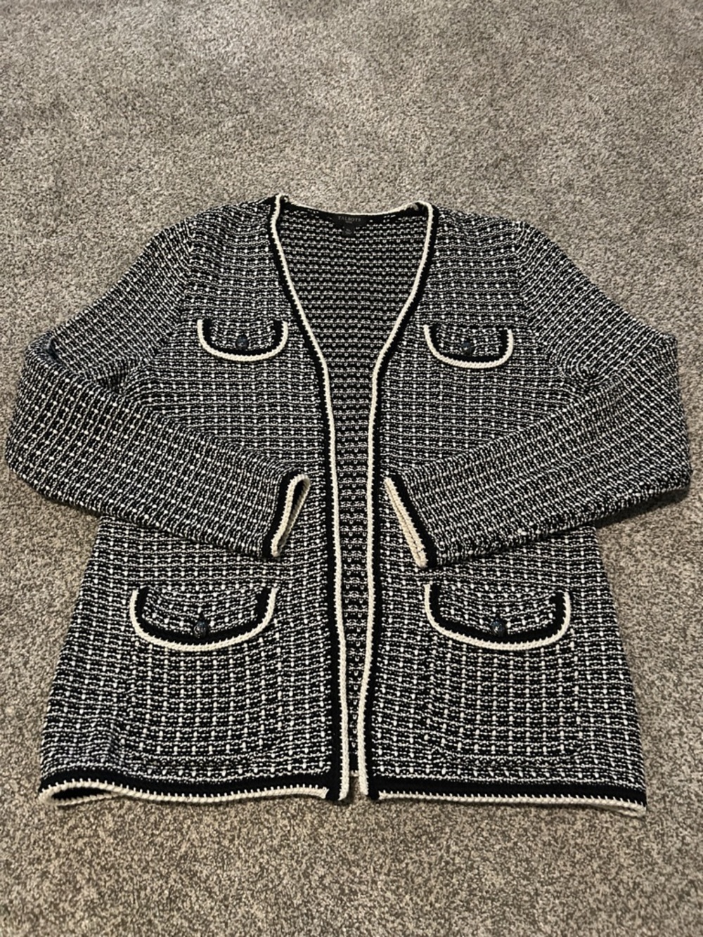 Talbots Black and White Bouclé Trim Open Front Cardigan
